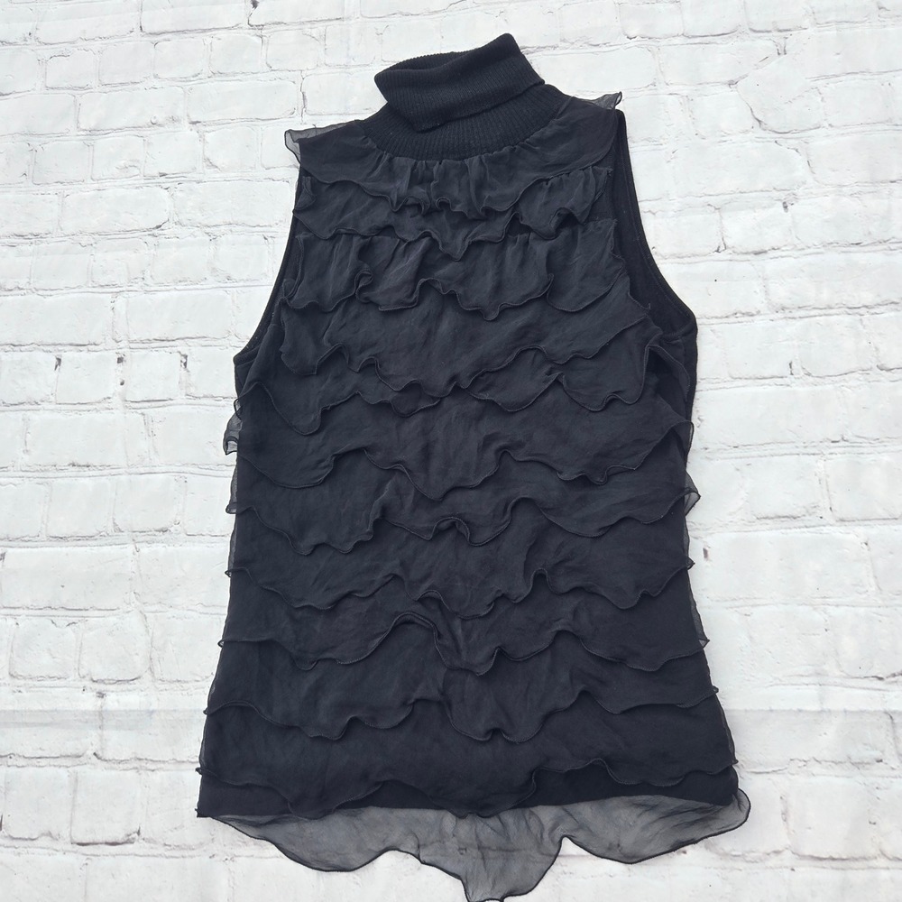 Emanuel Ungaro Paris Wool Silk Ruffle Tiered Turtleneck Top Black Made in Italy